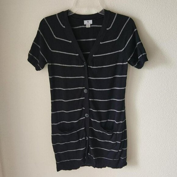WORTHINGTON Vintage Short Sleeve Cardigan Striped Sweater Black & Grey Sz S - Picture 1 of 8